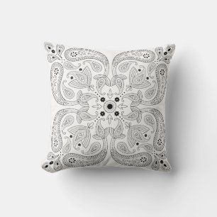 Cojín decorativo de patrón de paisley blanco y neg