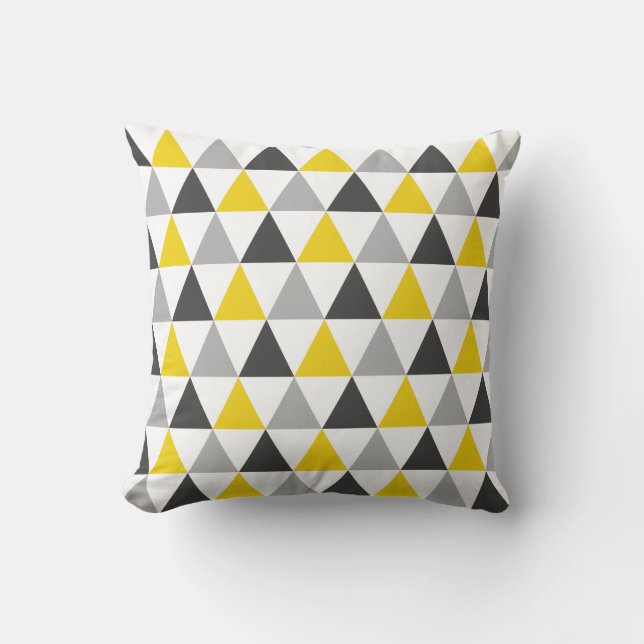 Cojín decorativo de patrón triángulo gris y amaril (Anverso)