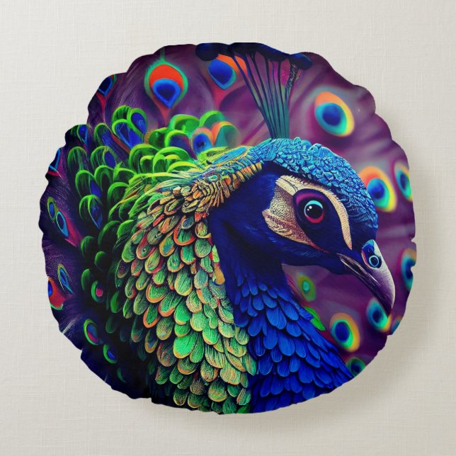 Cojín decorativo de pavo real redondo (Anverso)