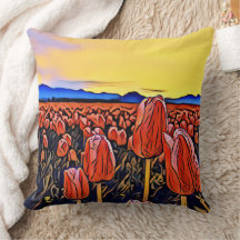 Cojín decorativo de pintura de Tulip Field rojo