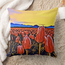 Cojín decorativo de pintura de Tulip Field rojo