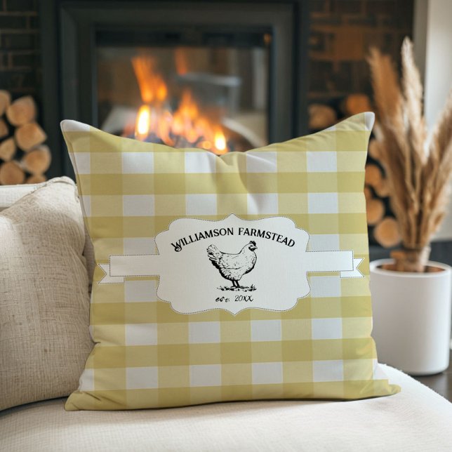 Cojín decorativo de pollo de granja de búfalo amar (Yellow Buffalo Plaid Farm Chicken Throw Pillow)