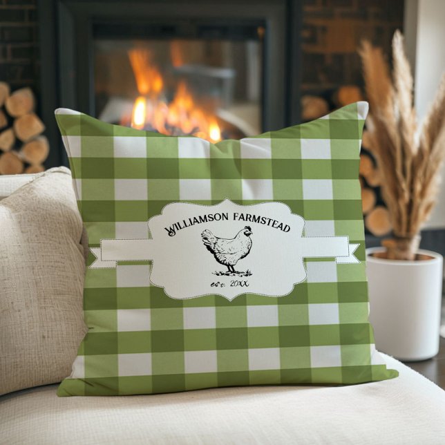 Cojín decorativo de pollo de granja de búfalo verd (Green Buffalo Plaid Farm Chicken Throw Pillow)