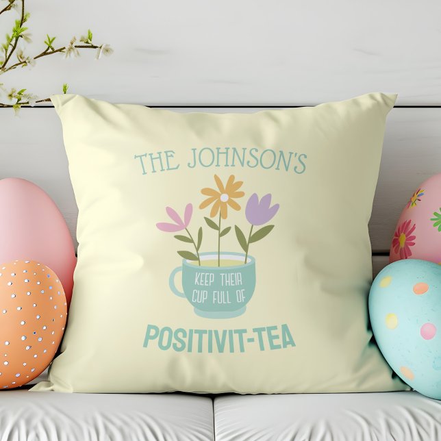 Cojín decorativo de primavera floral de Positivit- (Spring Positivity Pillow with flowers and coffee cup add your own name)