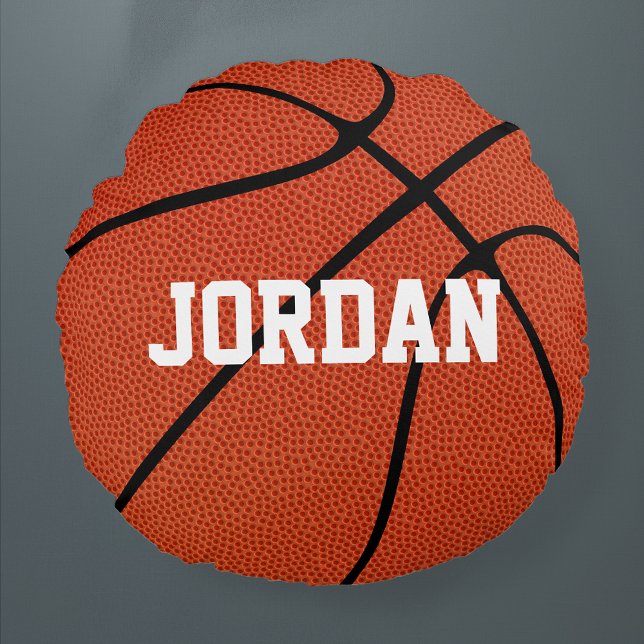 Cojín decorativo de ronda de baloncesto personaliz (Basketball round throw pillow with custom text)
