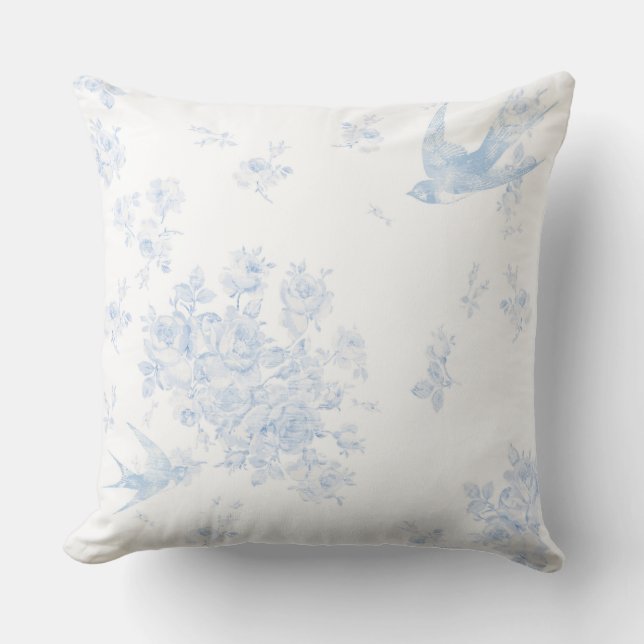 Cojín decorativo de Rosas y pájaros azules (Anverso)