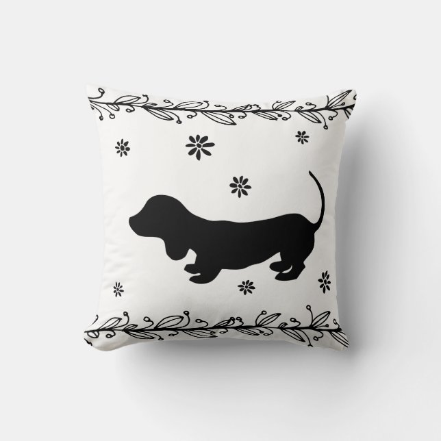 Cojín decorativo de silueta dachshund negro y blan (Anverso)