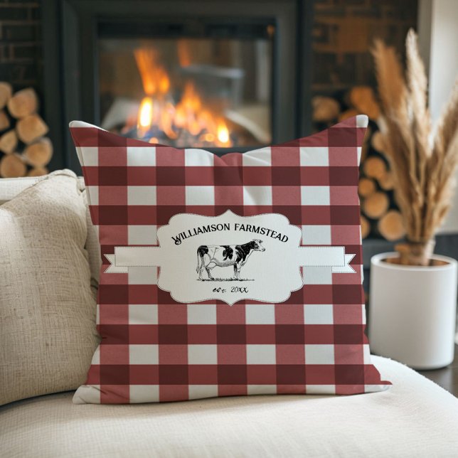 Cojín decorativo de vaca de cría de búfalo rojo (Red Buffalo Plaid Farm Cow Throw Pillow)
