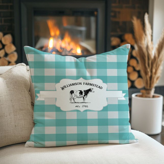 Cojín decorativo de vaca de granja de búfalo verde (Teal Buffalo Plaid Farm Cow Throw Pillow)