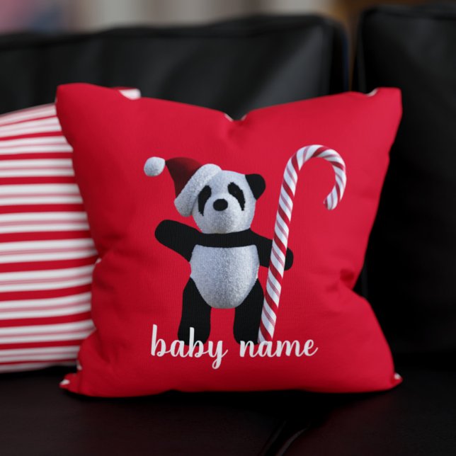 Cojín decorativo de vacaciones de Navidades rojos  (A festive red Panda Pillow just for you! Add your name 🐼)