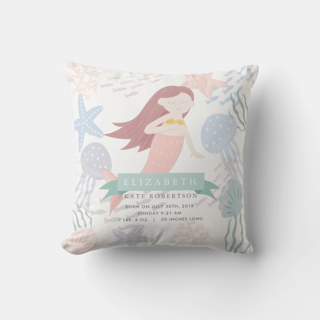 Cojín Decorativo Debajo del mar Sirenita Nacimiento Estadísticas (Anverso)