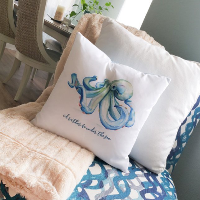 Cojín Decorativo Decoración de Casa de Playa Manta de Océano (Beach house decor watercolor blue octopus art by Victoria Grigaliunas of Do Tell A Belle)