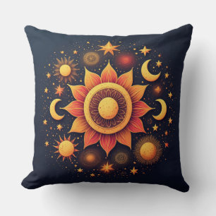 Cojín Decorativo Decoración de cielo nocturno místico con sol luna
