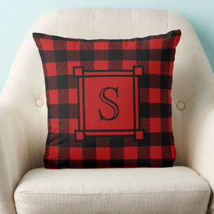 Cojín Decorativo Decoración de invierno Plaid Búfalo Rojo Monograma