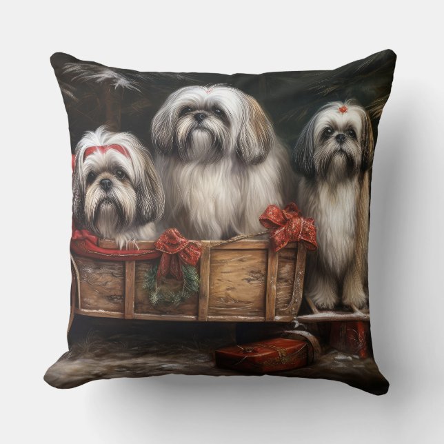 Cojín Decorativo Decoración de Navidades Lhasa Apso Snowy Sleigh (Anverso)