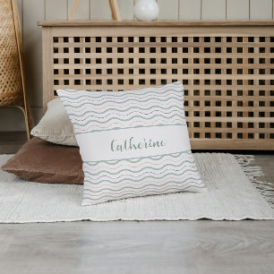Cojín Decorativo Decoración de olas náuticas en verde salvia y marr