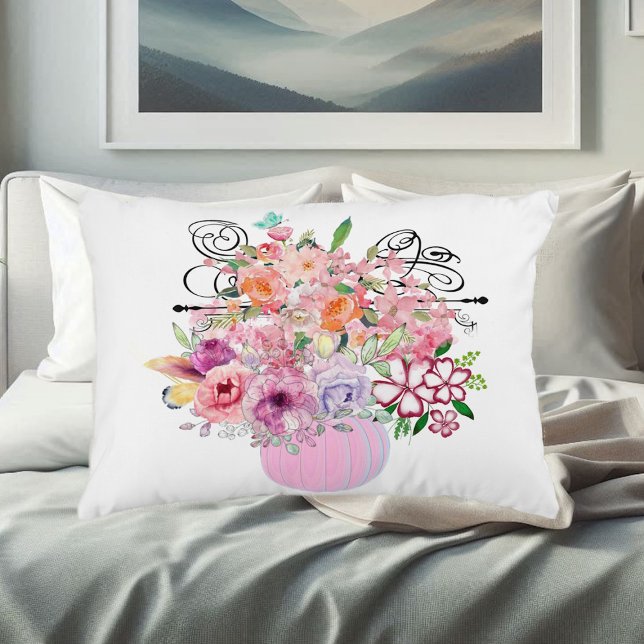 Cojín Decorativo Decoración del hogar de calabaza rosada acuarela f (Pink Pumpkin Fall Home Decor Floral Watercolor Accent Pillow)