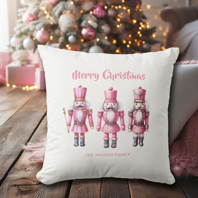 Cojín Decorativo Decoración personalizada de los Navidades rosados  (pink christmas decor nutcrackers watercolor personalized throw pillow)