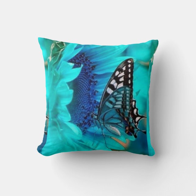 Cojín decorativo decorativo azul de la mariposa (Anverso)
