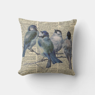 Cojín Decorativo decorativo de impresión vintage de pájaros azule