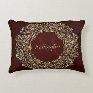 Cojín Decorativo Decorativo de monograma de damasco rojo y dorado