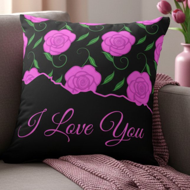 Cojín Decorativo Deep Pink Roses On Black Love You (Pink roses on black. Elegant and personal. Great for mom, partner or anyone you love.)