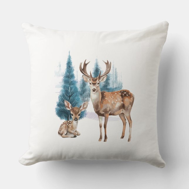 Cojín Decorativo Deer and doe with snowy pine tree (Anverso)