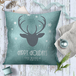 Cojín Decorativo Deer Antlers Silhouette & Snowflakes Verde azulada