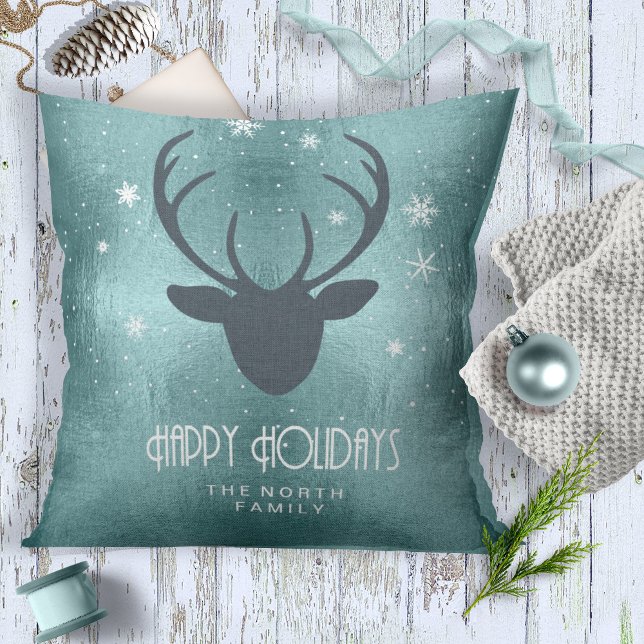 Cojín Decorativo Deer Antlers Silhouette & Snowflakes Verde azulada (Subido por el creador)
