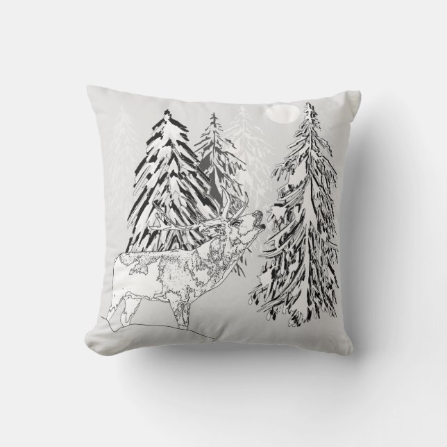 Cojín Decorativo Deer, invierno, bosque, árboles de Navidad, monocr (Anverso)