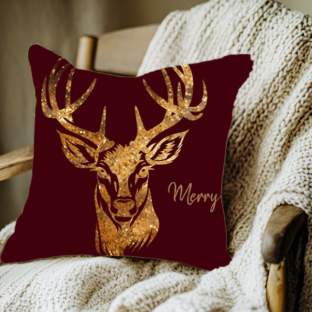 Cojín Decorativo Deer/ Merry/ Purpurina de oro/ Borgoña Oscura (Rustic Cabin Gold Deer I Merry Holiday Throw Pillow)