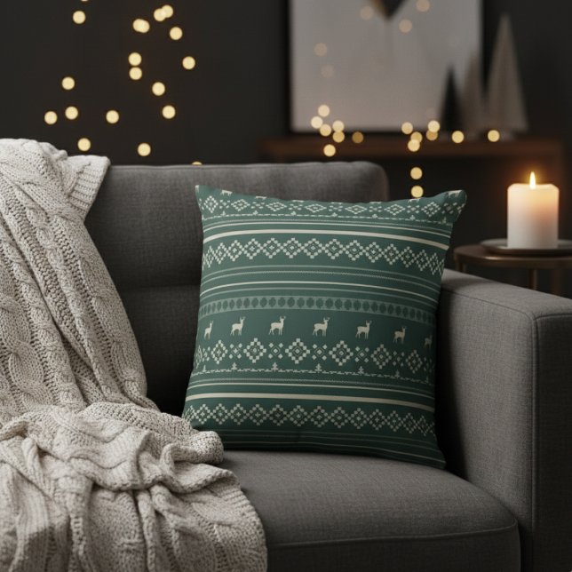 Cojín Decorativo Deer Spruces and Diamonds Green Christmas Sweater  (Deer Spruces and Diamonds Green Christmas Sweater Throw Pillow)