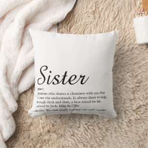 Cojín Decorativo Definición de hermana Chic Script negro y blanco