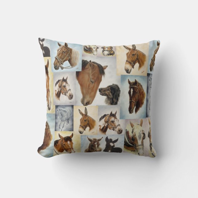 Cojín decorativo del collage del caballo (Anverso)