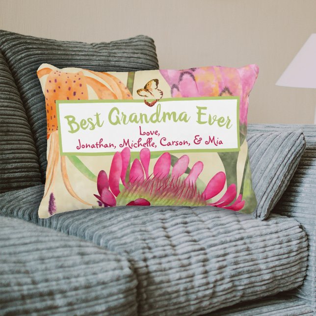 Cojín decorativo del Día de la Madre de la Naranja (best grandma ever throw pillow with grandchildren's names, pink protea flower mother's day pillow)