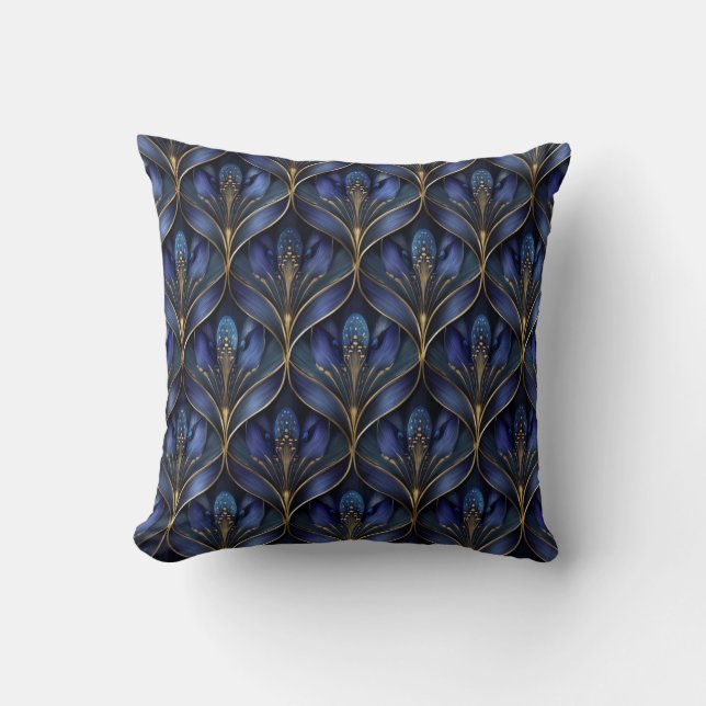 Cojín decorativo del patrón Art Deco 1 azul y dora (Anverso)
