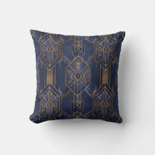 Cojín decorativo del patrón Art Decó Azul y Oro 2