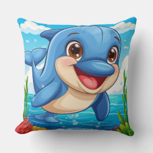 Cojín Decorativo Delfín Azul Adorable Jugando Feliz en el Agua