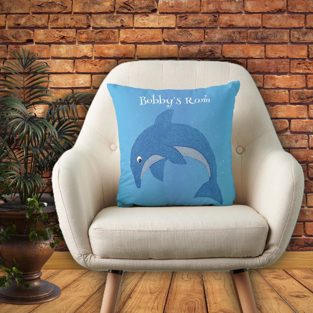 Cojín Decorativo Delfín blanco brillante Personalizado azul saltand (Bright blue throw pillow with cute jumping dolphin in dark blue and white for kids bedroom.)