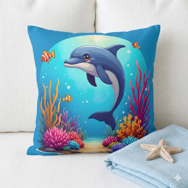 Cojín Decorativo Delfín caprichoso en el arrecife de coral vibrante (Whimsical Dolphin in Vibrant Coral Reef Throw Pillow Mockup A)