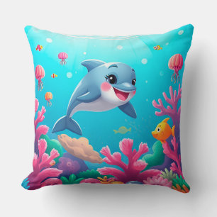 Cojín Decorativo 🐬 Delfín de Dibujos Animados Alegre Chapoteando d