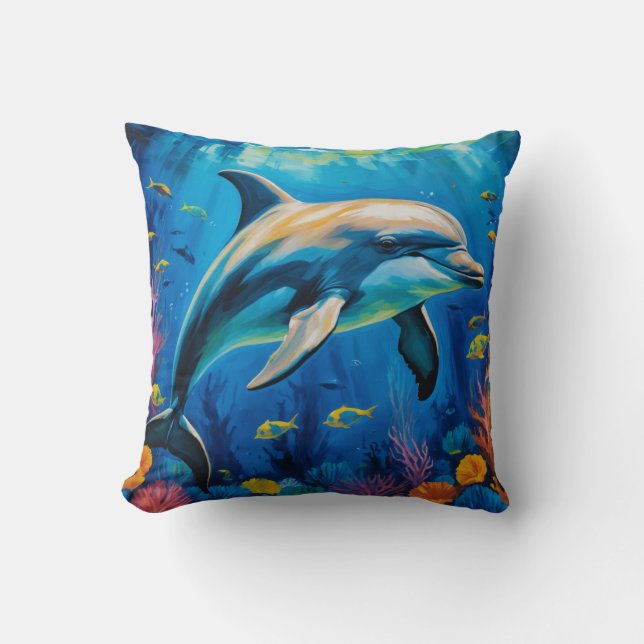 Cojín Decorativo Delfín de pintura de aceite (Anverso)
