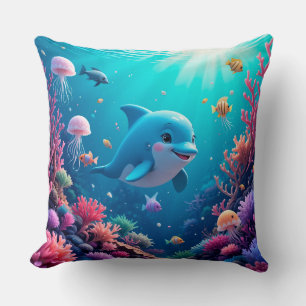 Cojín Decorativo Delfín juguetón y vida marina colorida