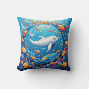 Cojín Decorativo Delfín rodeado de peces tropicales vibrantes