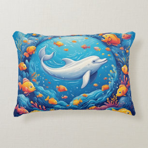 Cojín Decorativo Delfín rodeado de peces tropicales vibrantes