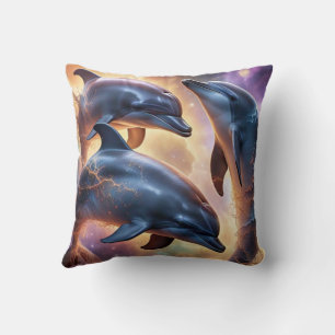 Cojín Decorativo Delfines cósmicos y medusas en el espacio