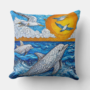 Cojín Decorativo Delfines Gaviotas Escena Oceánica 🌊🐬 Brisa Coste