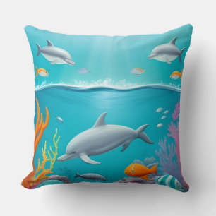 Cojín Decorativo Delfines juguetones explorando un vibrante arrecif