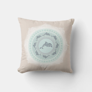 Cojín Decorativo Delfines Mandala Azul Pálido Beige Costero