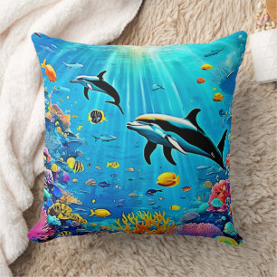 Cojín Decorativo Delfines y arrecifes: Alegría submarina